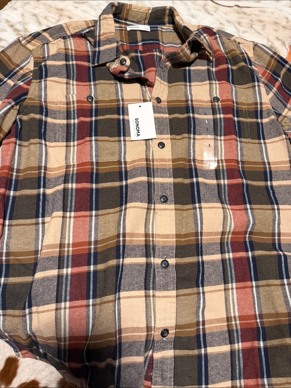 Sonoma Men's Plaid Button-Down Shirt in Tan, Navy & Rust